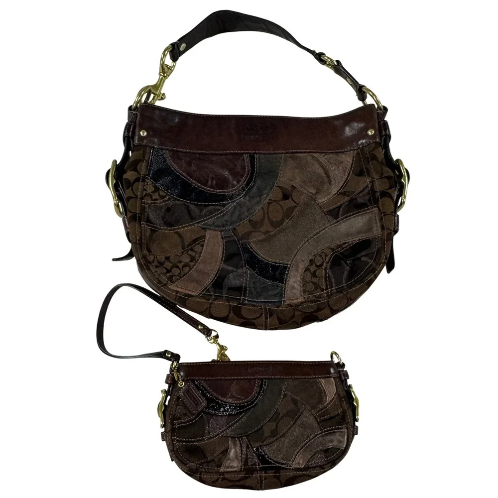 Coach Zoe Patchwork Hobo Bag Wristlet Set Brown Signature Suede Leather 13515